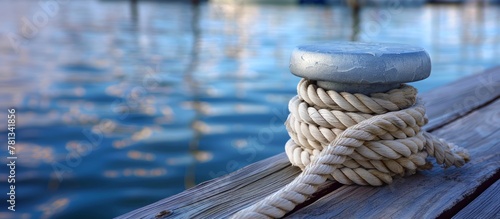 Close-up of a mooring bollard with a thick rope on a wooden dock, tranquil water behind.