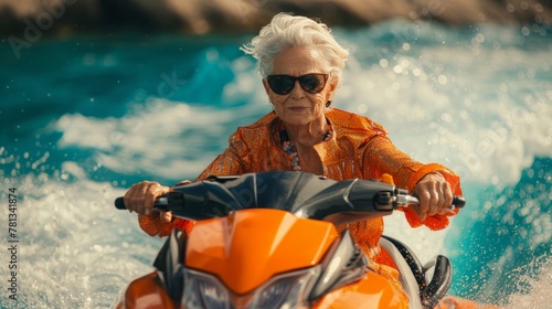 Stylish, positive elderly woman in sunglasses s riding a jet ski, with water splashing around her. Concept of extreme sports, active lifestyle photo