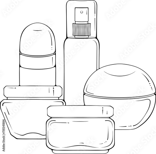 Cosmetic bottles set for beauty cream and cleanser, skin and body care. Still life with beauty products. Vector illustration in hand drawn sketch doodle style isolated on white. Flat design for print