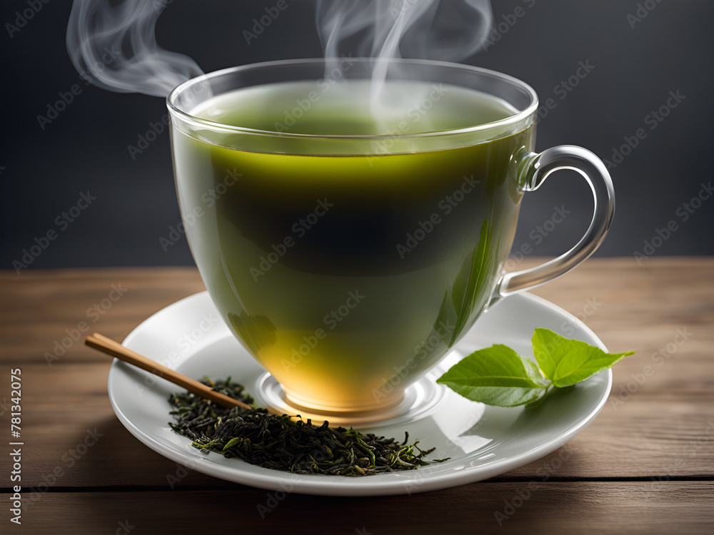 A cup of tea is placed on the table, steaming with heat. Transparent glass tea cups, green tea leaves, a quiet attitude towards life, still life pictures A cup of tea is placed on the table, steaming with heat. Transparent glass tea cups, green tea leaves, a quiet attitude towards life, still life pictures