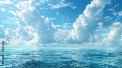 Tranquil Azure Seascape with Drifting Clouds and Soaring Seabirds Offering a Serene Escape for the Weary Traveler photo