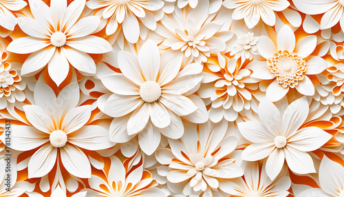 Hintergrund und Vorlage aus Blumen Blüten nahtloses Muster 3D für Frühling Sommer Deko Design in orange weiß wie aus Papier Scherenschnitt für Karten Einladungen Grüße Muttertag frische Tapete