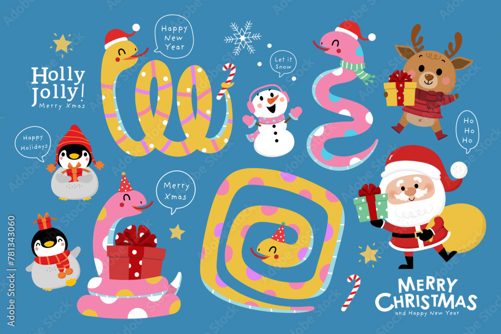 Fototapeta premium Merry Christmas and happy new year 2025 with cute snake in xmas hat, Santa Claus, reindeer and penguin. Animal holidays cartoon character. -Vector