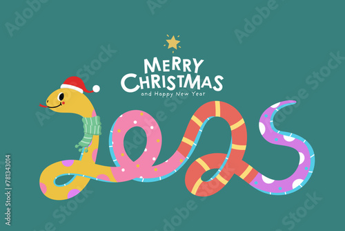 Merry Christmas and happy new year 2025 with cute snake in xmas hat. Animal holidays cartoon character. -Vector © Dusida
