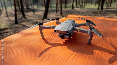 Mini 2 drone with cpl lens filter on orange landing mat platform. Quadcopter on nylon foldable launch pad close-up. photo