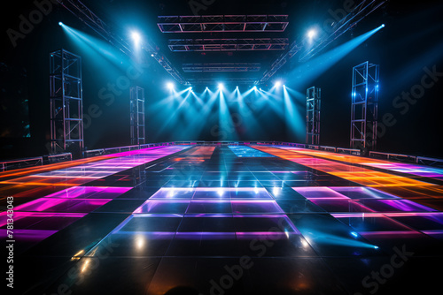 Modern dance stage light background with spotlight illuminated for modern dance production stage. Empty stage with creative lighting. Stage lighting art design. Entertainment show. Generative AI. © Artinun