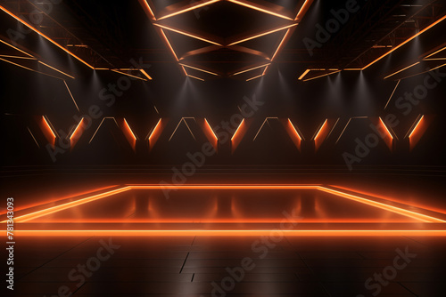 Empty stage light background. Illuminated stage with warm lighting design for modern dance performance. Entertainment show. Stage design for modern dance. Spotlight effect on stage. Generative AI. © Artinun
