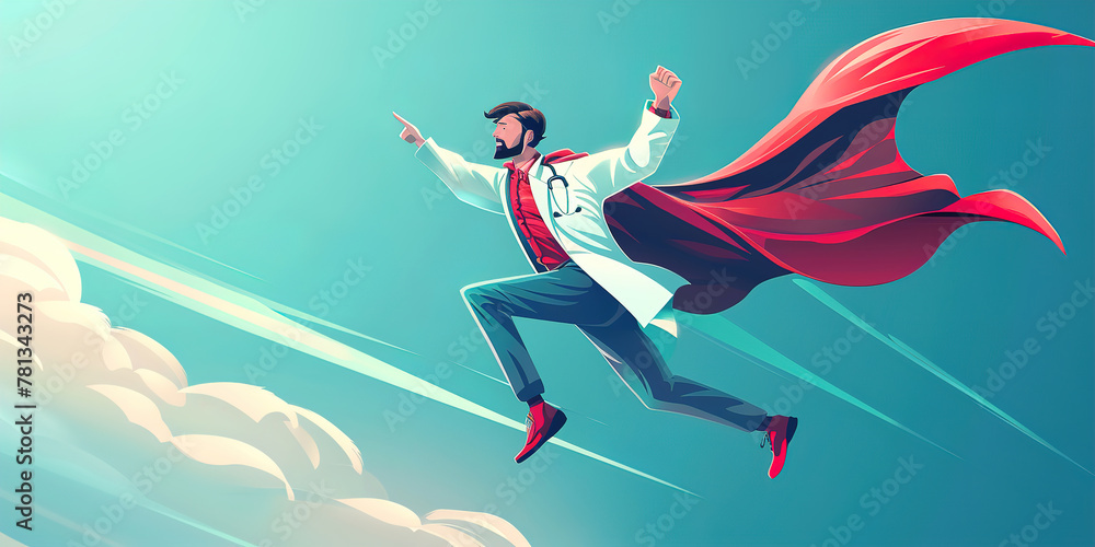 Illustration of superhero doctor flying in the sky