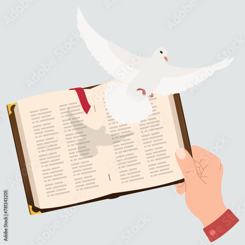This image captures the essence of spirituality and tranquility, featuring the Sacred Bible alongside a symbol of peace, the dove. It represents hope, faith, and the divine message of love and harmony