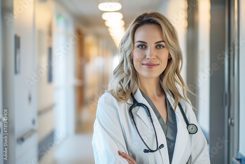 Portrait of female doctor with stethoscope in hospital corridor