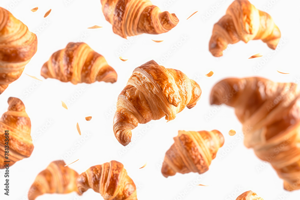 fresh and crunchy croissants are flying isolated on white background
