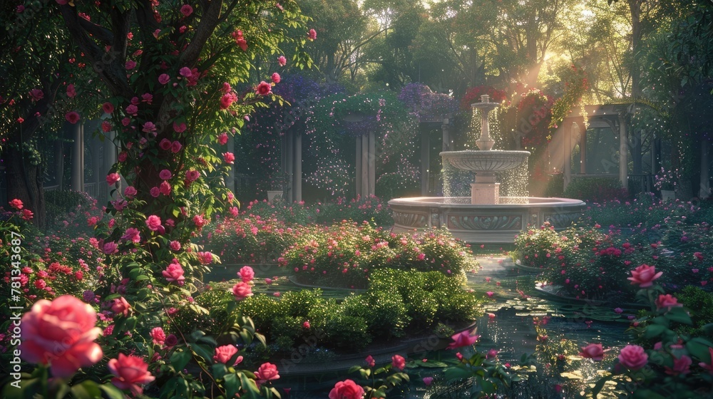 Rosewood Reverie A Tranquil Garden Bathed in the Soft Light of Dawn Where Roses Bloom Amidst Lush Greenery Offering Serenity and Reflection