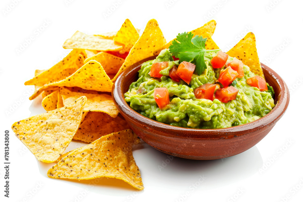 Traditional guacamole sauce with nacho chips isolated on white background. Popular Mexican food Traditional guacamole sauce with nacho chips isolated on white background. Popular Mexican food