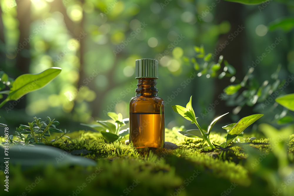 Background for the image of a bottle with serum in an environment that emphasizes environmental friendliness and respect for nature Background for the image of a bottle with serum in an environment that emphasizes environmental friendliness and respect for nature