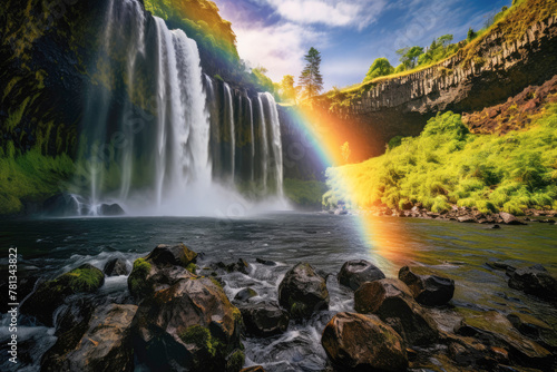 Majestic waterfall surrounded by lush greenery  with a stunning rainbow forming in the mist at sunset.