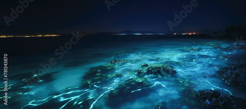 A breathtaking scene of bioluminescent waves gently washing ashore at night, transforming the beach into a magical paradise of glowing light. photo