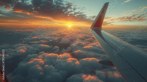 view from the porthole of the plane on its wing flying above white thick clouds and on the horizon sunset or sunrise, the beginning or end of the journey photo