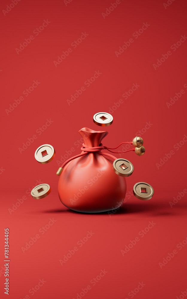 Red festive bag and Chinese ancient coins, 3d rendering. Red festive bag and Chinese ancient coins, 3d rendering.