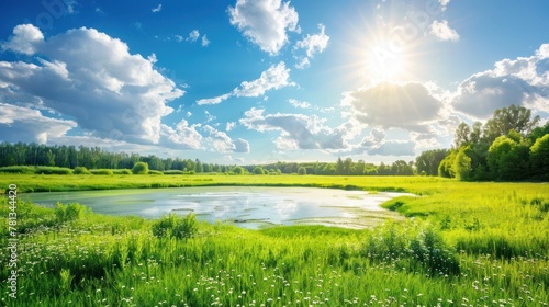 Large green field with pond in the middle and beautiful blue sky AI generated © haizah