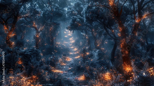 Ember Elegance A Mesmerizing Scene of Flickering Embers Illuminating Enchanted Pathways in the Darkness