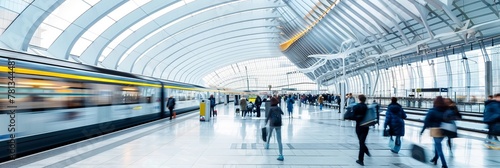 Train station with people walking around with motion blur, white ceiling lines and glass windows, train passing