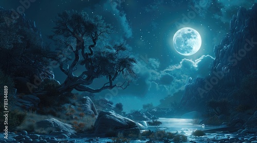 Mystic Moonlit Landscape A Surreal Nocturnal Wonderland Bathed in Ethereal Glow and Enchanting Shadows