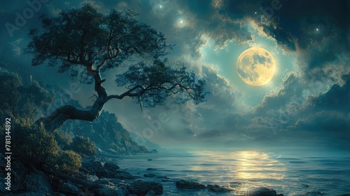 Mystic Moonlight A Surreal Nocturnal Landscape Bathed in an Otherworldly Glow of Mystery and Enchantment