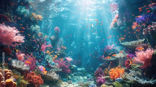 Enchanting Underwater Oasis Sunlight Dappled Coral Reefs Teeming with Vibrant Marine Life