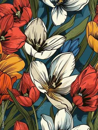 Elegant seamless floral pattern with tulips on blue background, perfect for fabric design, wallpapers, gift wrapping, and more