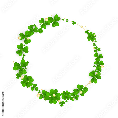 Realistic shamrock wreath. Round Clover frame. Green leaves floral garland. Trefoil border.