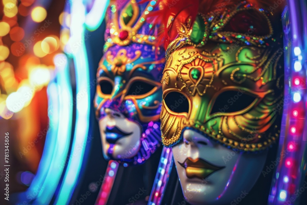 Vibrant carnival masks in front of glowing neon lights creating a colorful and festive atmosphere Vibrant carnival masks in front of glowing neon lights creating a colorful and festive atmosphere