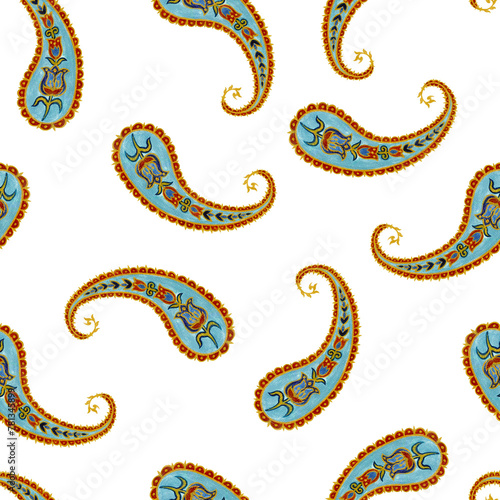Paisley seamless pattern of vintage foliage, flowers, ethnic traditional golden outline