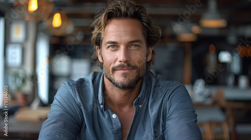 Confident man with stubble in a casual shirt. Indoor portrait with a modern cafe background. Urban lifestyle and fashion concept