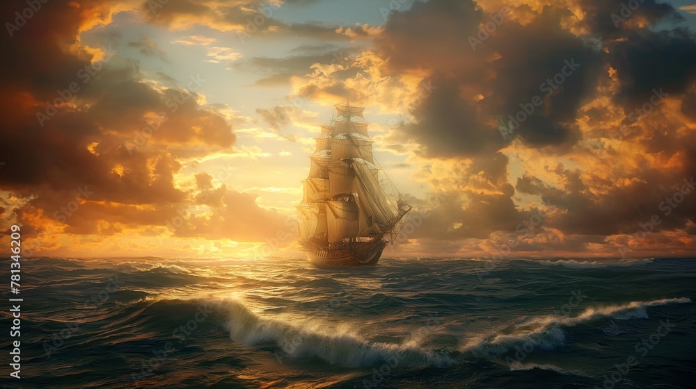 A sailing ship glides slowly through the water, illuminated by the sunset - obrazy, fototapety, plakaty 