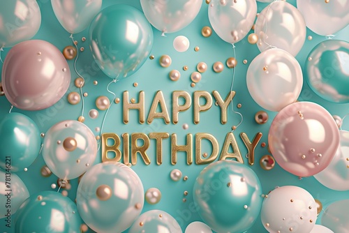 Happy birthday balloons on a turquoise background.