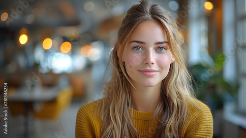 Young woman with blonde hair in a yellow sweater. Indoor portrait with bokeh background. Natural beauty and fashion concept for design and advertising