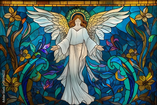 The illustration represents an angel in white robes among flowers, in the style of mosaic art, in the spirit of religious symbolism