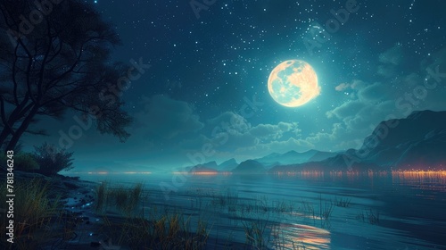 Midnight Mirage A Serene Nocturnal Landscape Bathed in Ethereal Moonlight © Sittichok