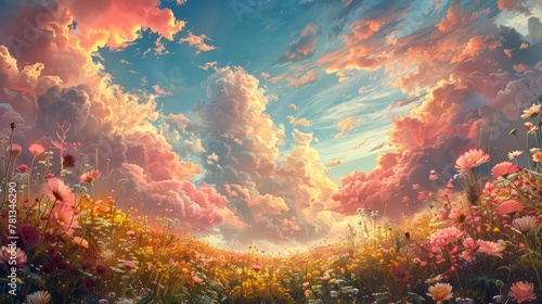 Surreal Dreamscape with Whimsical Creatures Frolicking Amidst Blooming Flowers and Pastel Colored Clouds