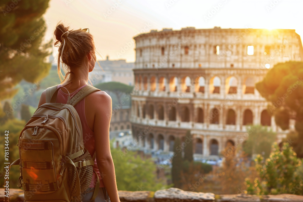 Young tourist girl with backpack, stands with her back and looks at the Colosseum in Rome in the sun. Travel Adventures. Exploring Italiy, Rome.