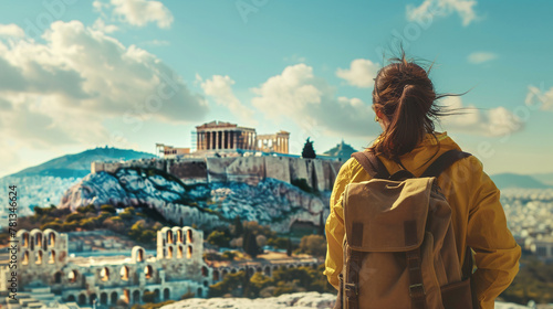 Young female tourist looking at Parthenon Athens greece temple. Young woman looking at Acropolis