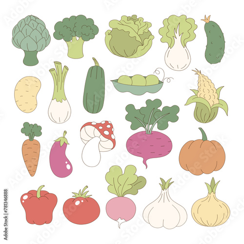 Set of groovy farm and kitchen garden vegetables vector illustration isolated on white. Artichoke, broccoli, cabbage, lettuce, cucumber, potato, leeks, cabbage, peas, corn, carrot, eggplant, mushroom