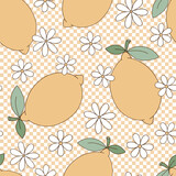 Retro groovy citrus fruit lemon with daisy flowers on checkerboard vector seamless pattern. Hand drawn natural organic healthy food vegetables fruit floral background.