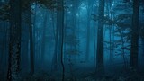 Enchanted forest at night with misty background and mysterious fog swirling around the eerie trees