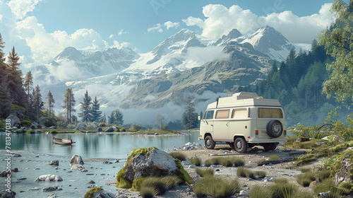 Camper van with nature landscape background. Scenic forest panorama. Lake and mountain peaks scenery. 