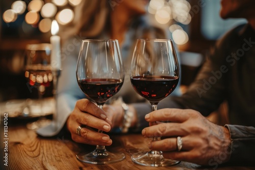 Mature couple holding hands while enjoying wine