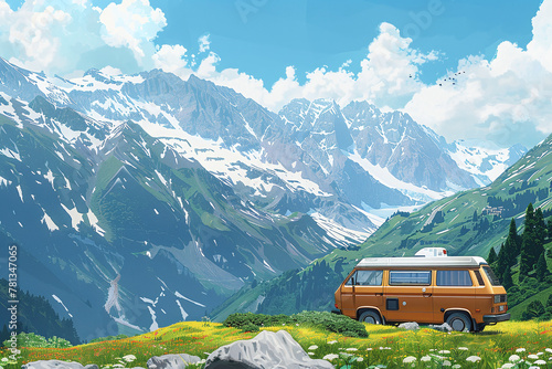 Camper van with nature landscape background. Scenic forest panorama. Lake and mountain peaks scenery. 