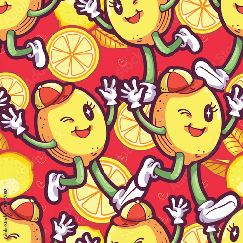 Seamless pattern of smiling face lemon with red background, It's a that looks groovy and funky. Pattern for fabric and wrapping paper, design wallpaper and fashion prints.