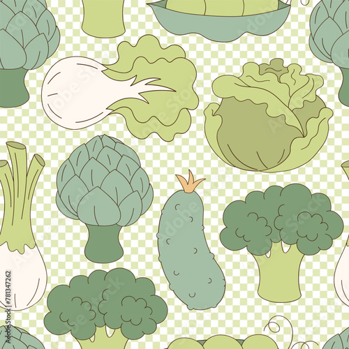 Retro groovy farm green veggies artichoke broccoli cabbage lettuce cucumber leeks peas on checkerboard vector seamless pattern. Hand drawn natural organic healthy food vegetables fruit floral