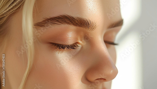 Eyebrow shaping. Eyebrows correction and brow design. Beautiful Caucasian woman face closeup in beauty treatments salon. Beauty makeover facecare rituals. Eyelash extensions. Banner photo